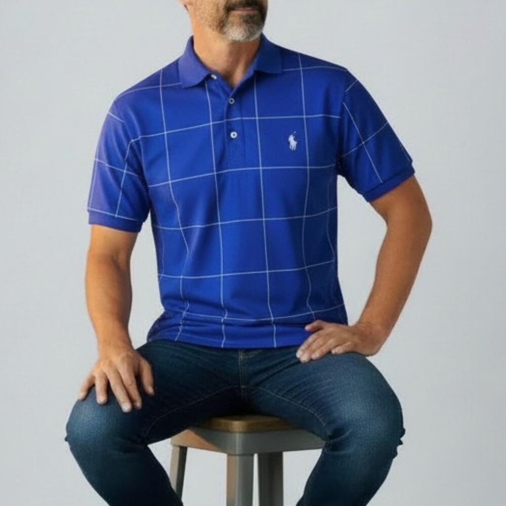Polo Golf Ralph Lauren Polo Shirt Men S Blue White Windowpane Check Cotton Pony